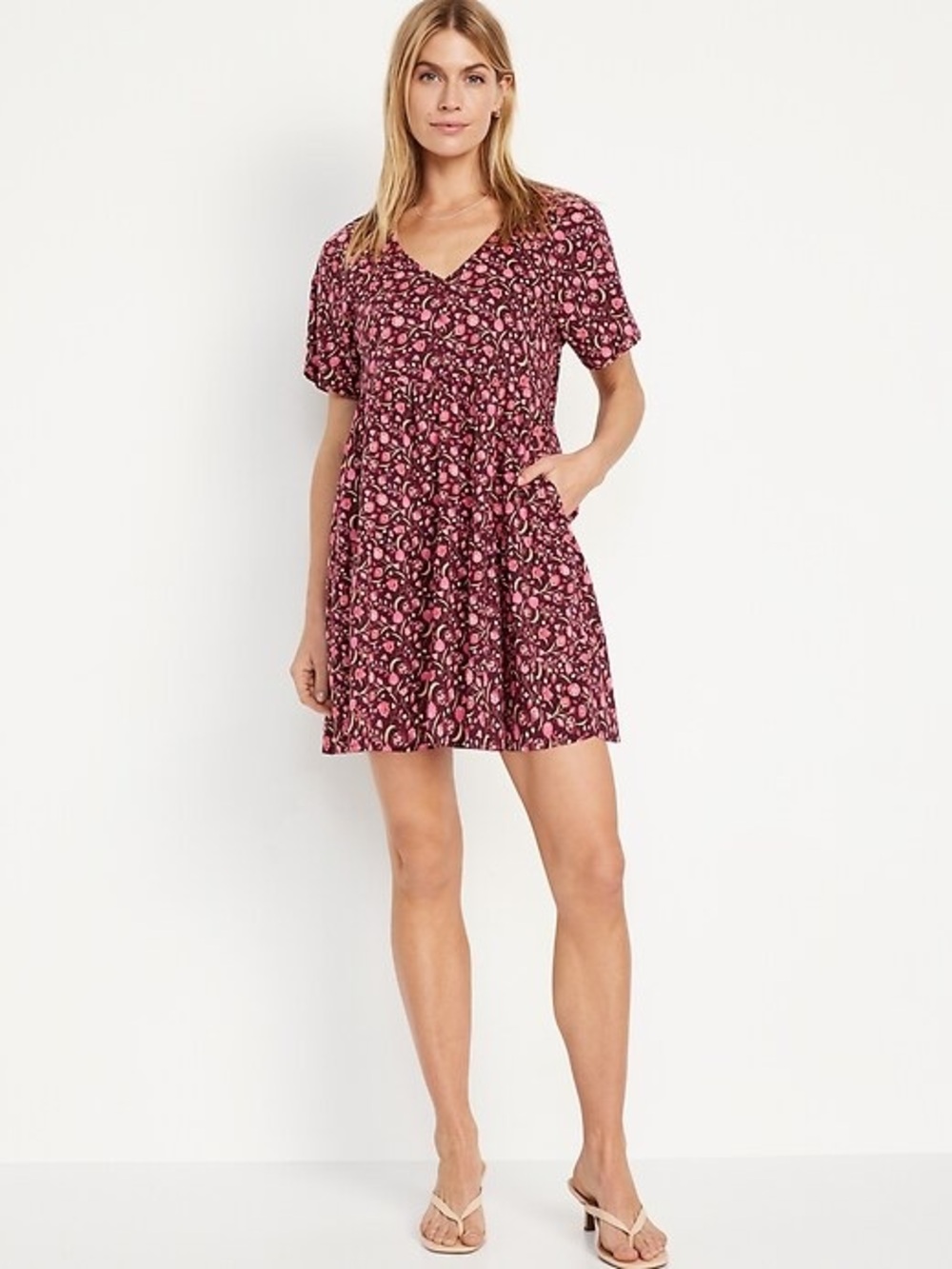 Old Navy V-Neck Mini Swing Dress in Burgundy Paisley Size S Tall